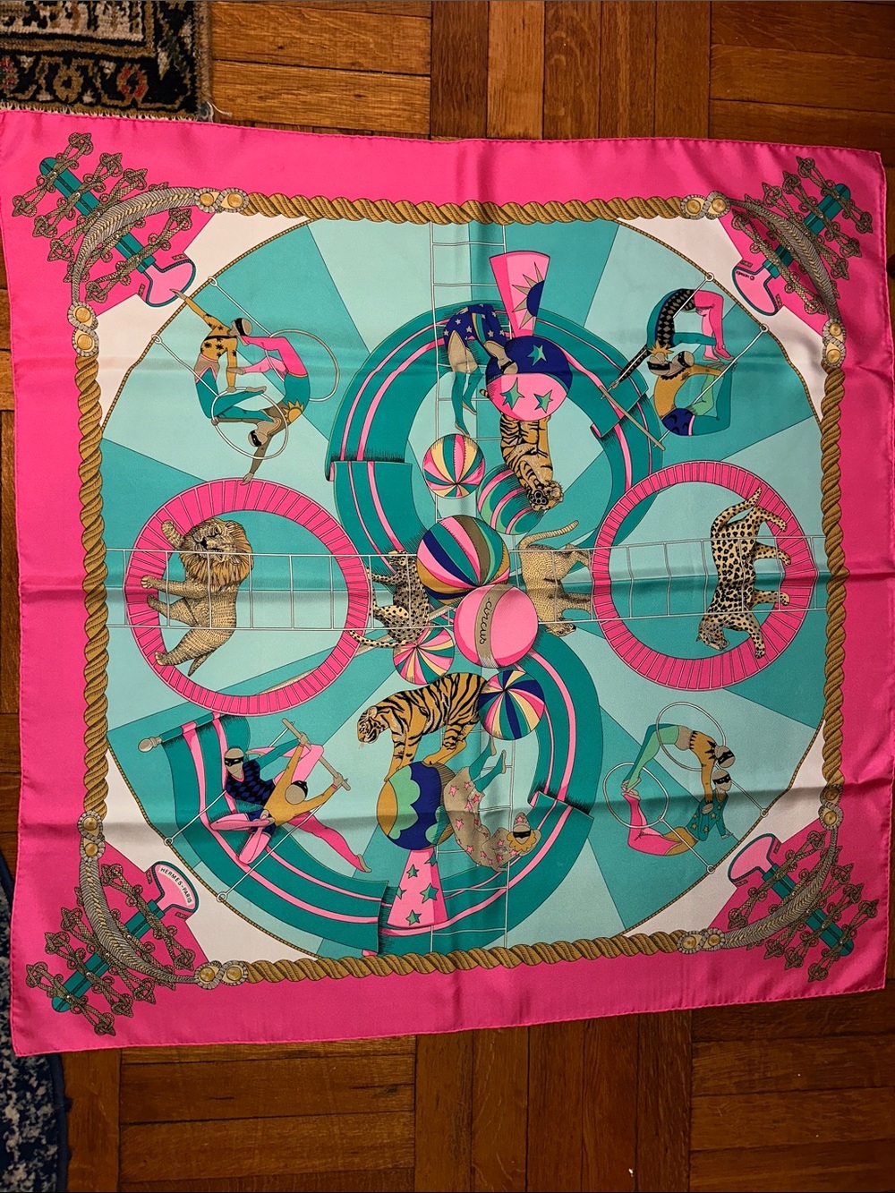 VINTAGE Hermès "Circus" Silk Scarf 90 — Annie Faivre 1st Edition + Box
